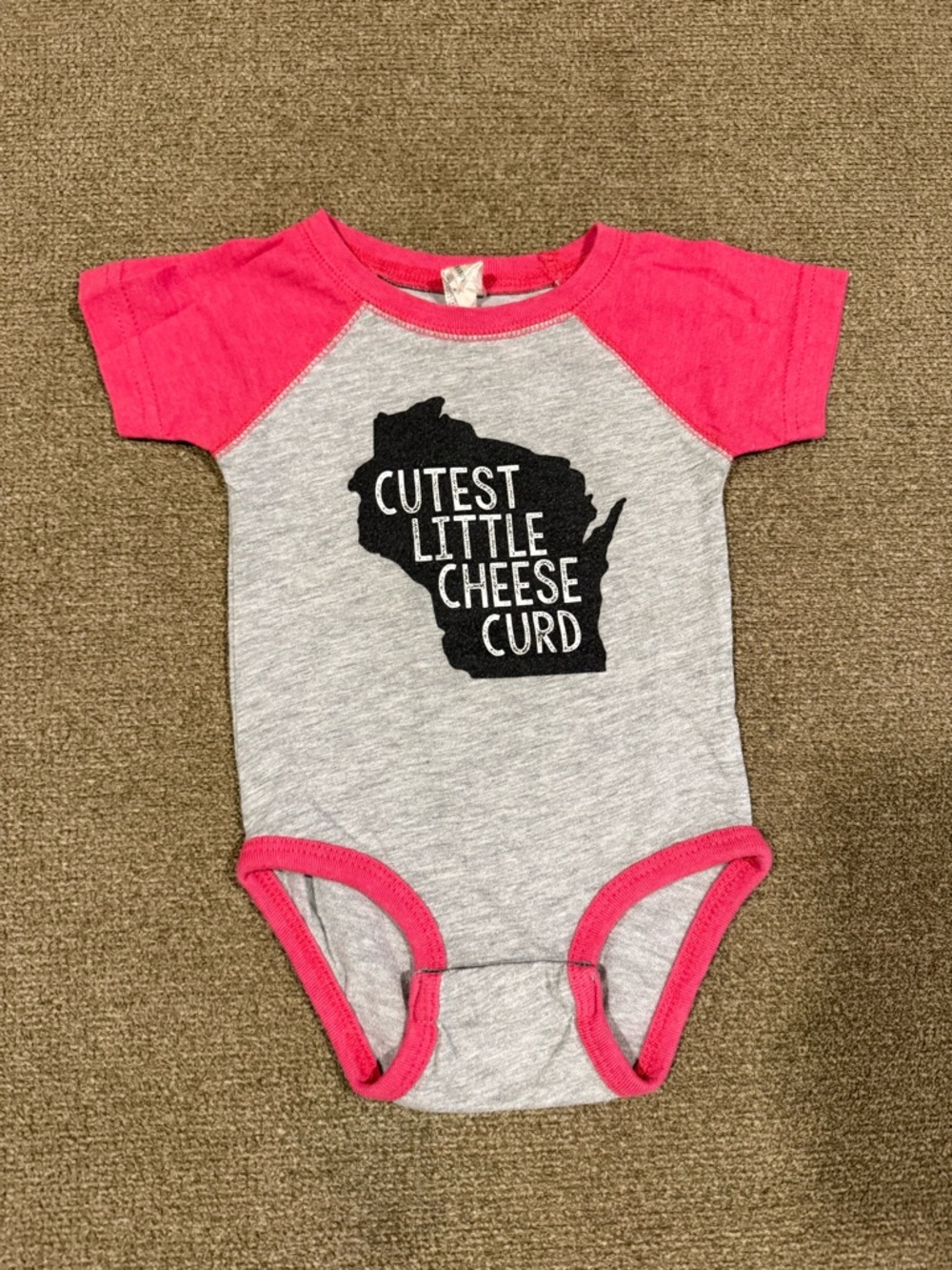 Heather Gray Baby Bodysuit with Pink Accents - Cutest Little Cheese Curd - WI